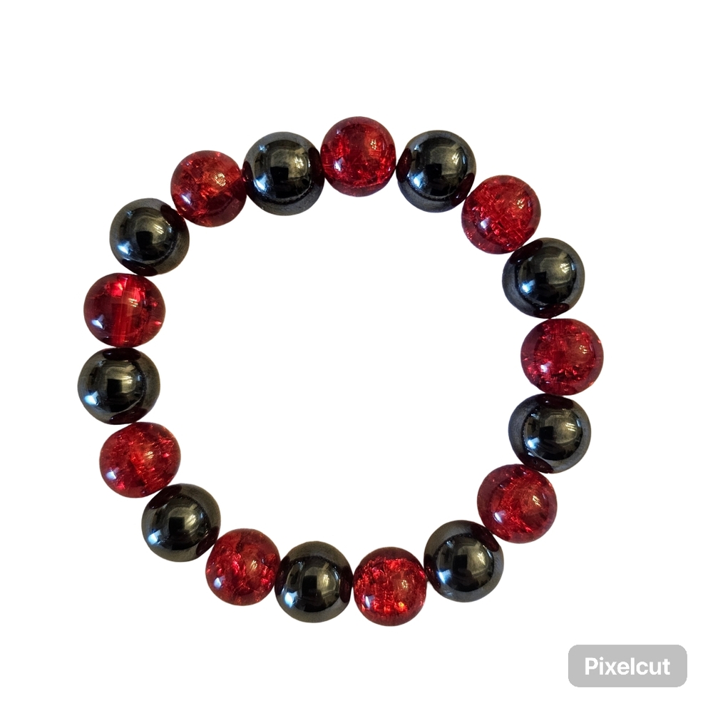 Hematite natural stone and red quartz beads bracelet